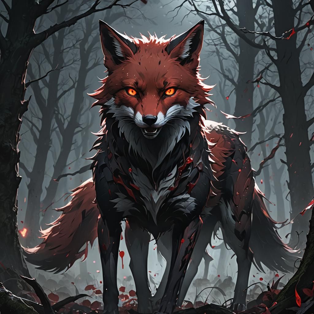 Terrifying Blood-Soaked Fox in Dark Fantasy Anime Art