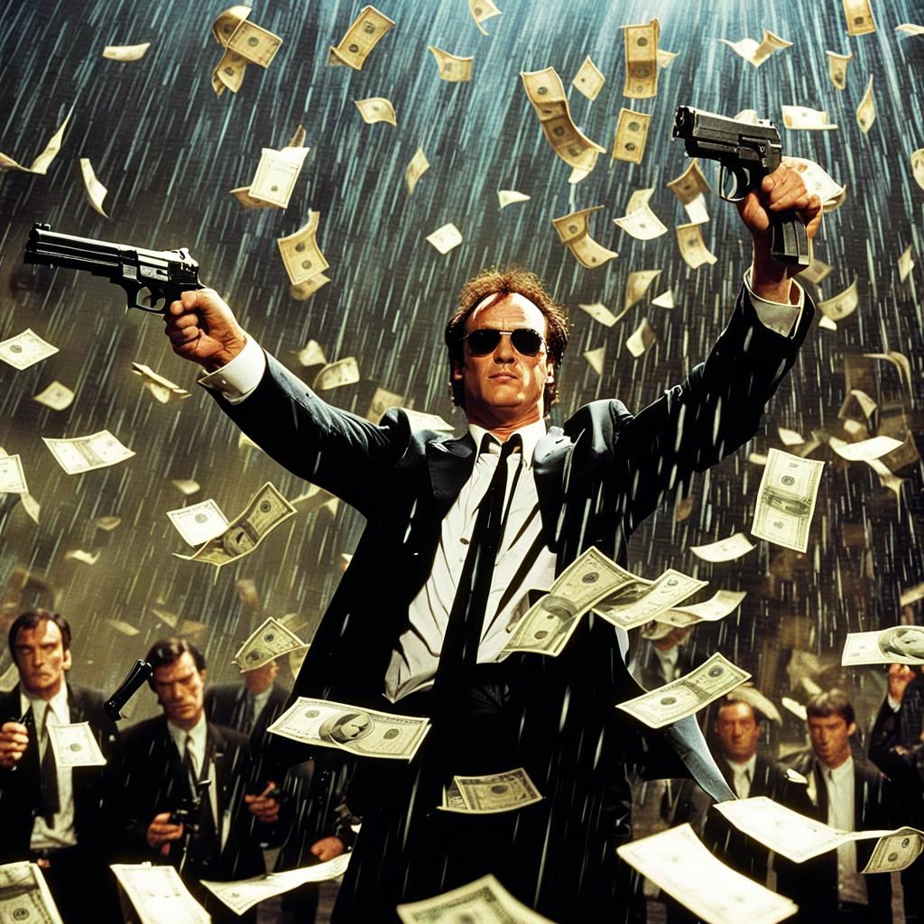 Quentin Tarantino in Reservoir Dogs film with a gun on his hand raining dollar bills