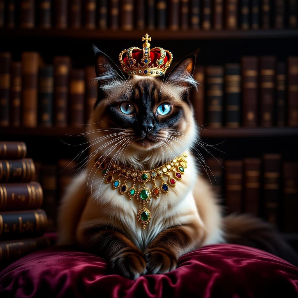Regal Siamese Cat in Ancient Library