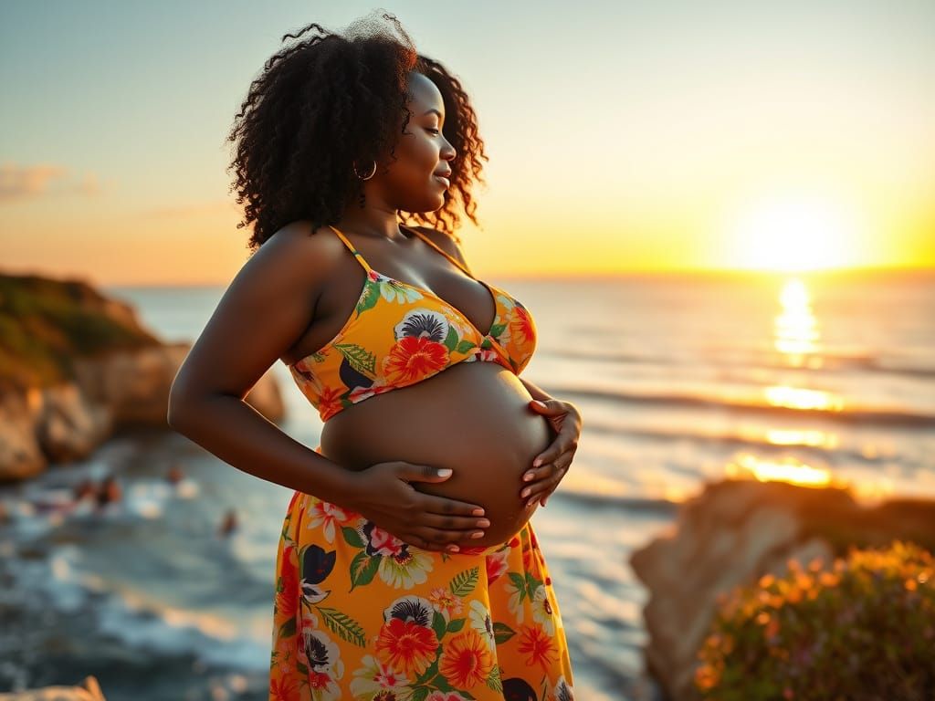 Pregnant Woman and Partner Share Sunset Kiss