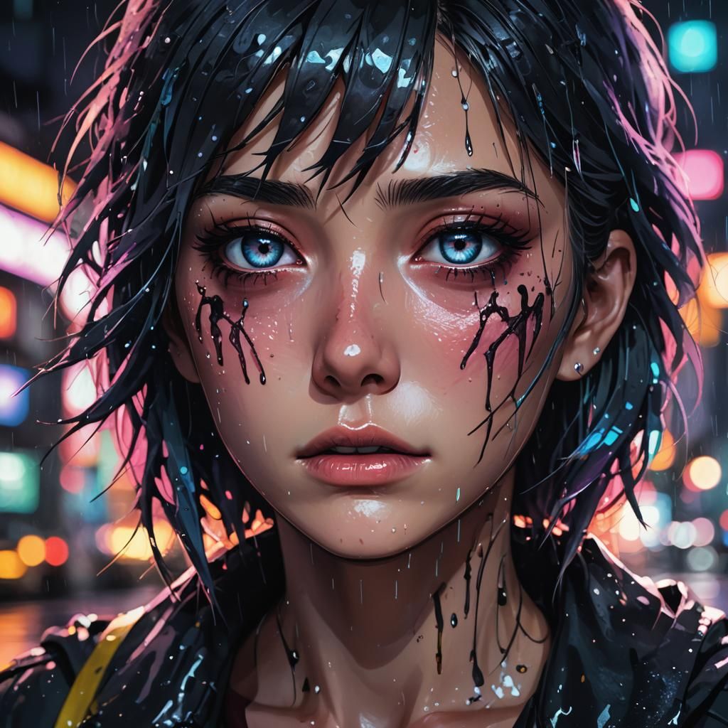 Anime Eyeshadow Portrait: Crying Woman in Neon City