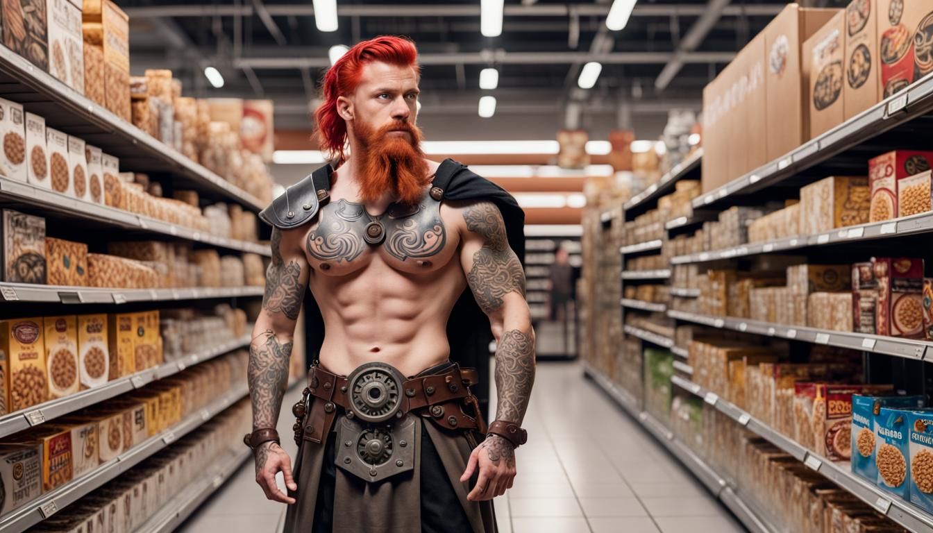 Viking Warrior Confused in Modern Grocery Store