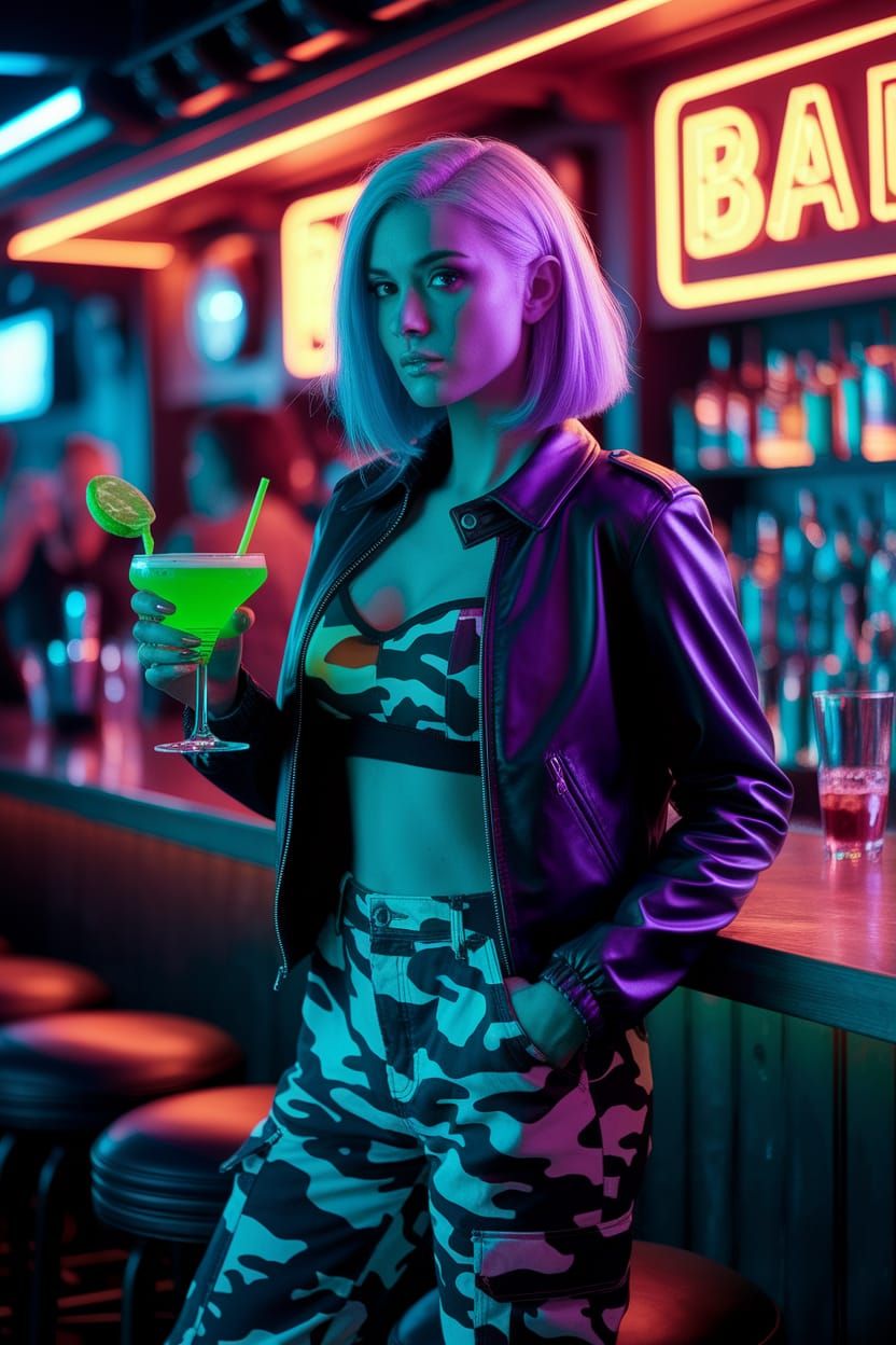 Cyberpunk Woman with Neon Cocktail in Crowded Bar