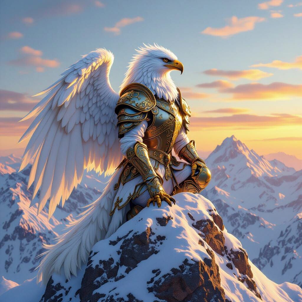Armored Griffin Perched on Mountain Peak