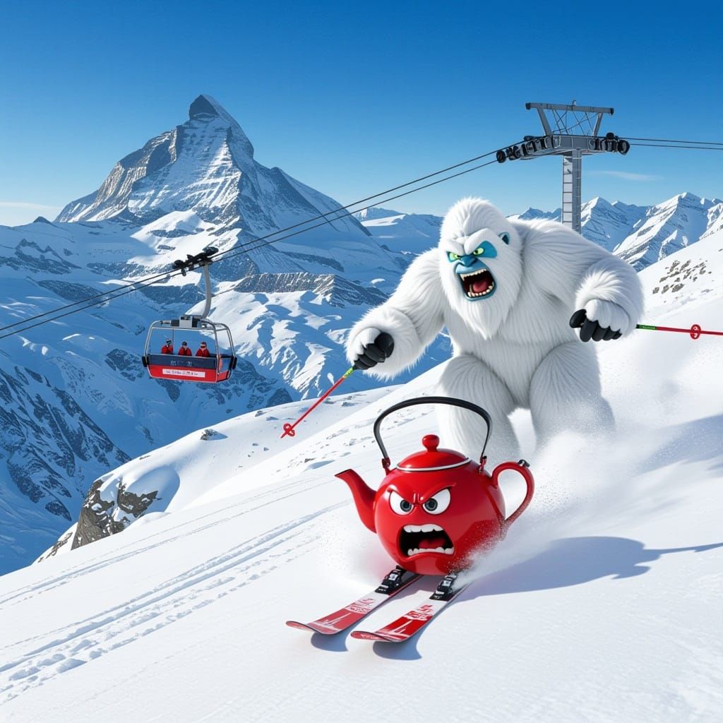 A terrified teapot skiing down a mountain in the Swiss Alps ...