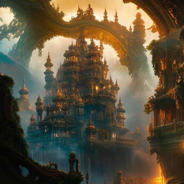 Sunlit Rococo Bedroom Overlooking Fantasy Castle