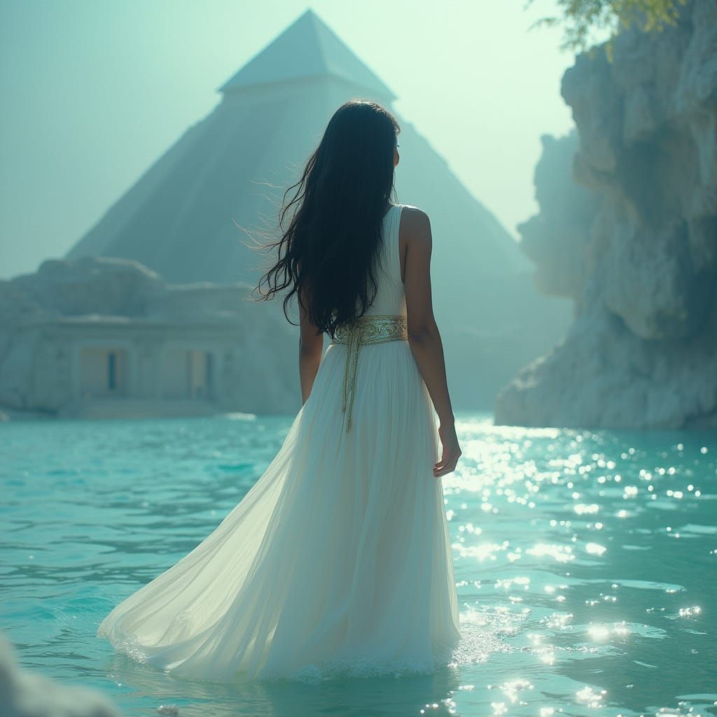 Egyptian Priestess Heals by Magical Ocean in Ethereal Style