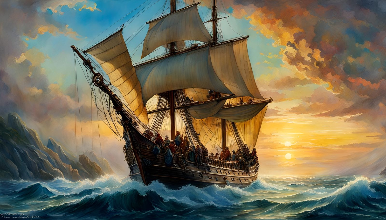 Norwegian Princess on Sailing Ship in Watercolor Style