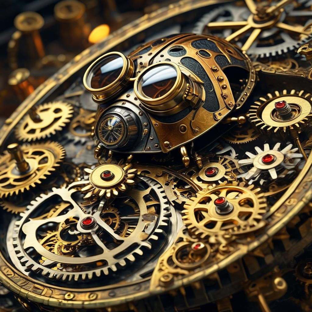 Steampunk Ladybug Inspects Timepiece in Oil Painting