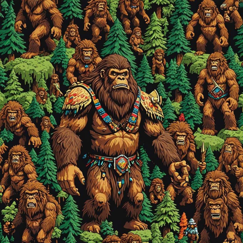 Pixelated Sasquatch Shaman in 1980s Arcade Style