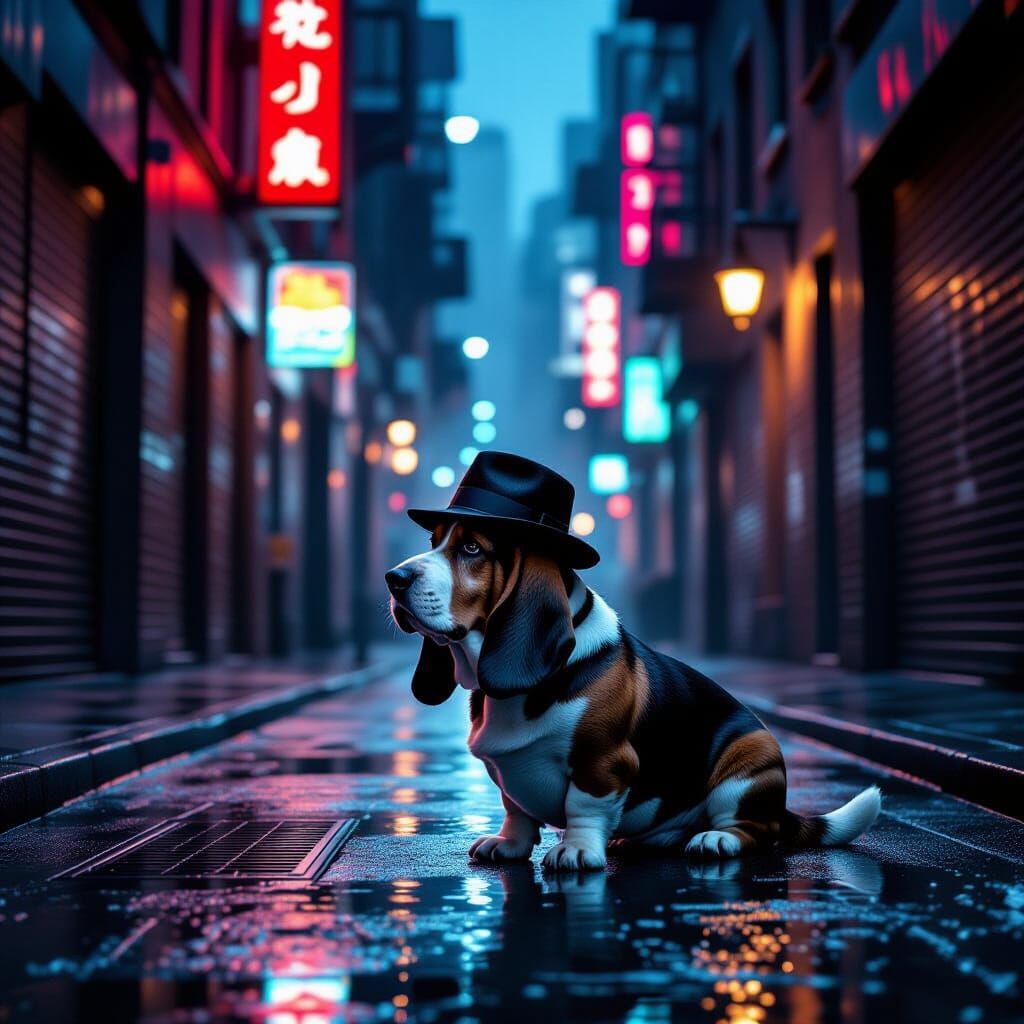 Basset Hound Detective in Neon Noir Alleyway