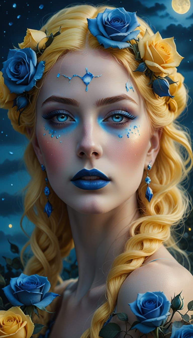 Blue Rose Goddess: Surreal Oil Painting Portrait