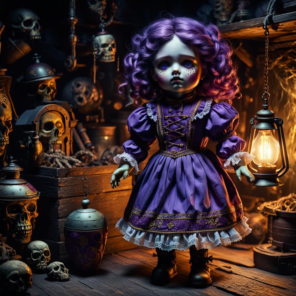 Terrifying Antique Doll in Dusty Attic, Dark Fantasy Art