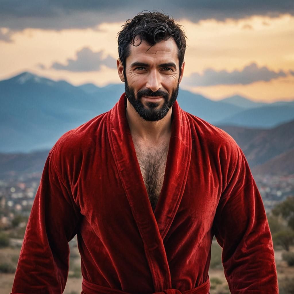 Italian Man in Red Velvet Bathrobe, Digital Painting