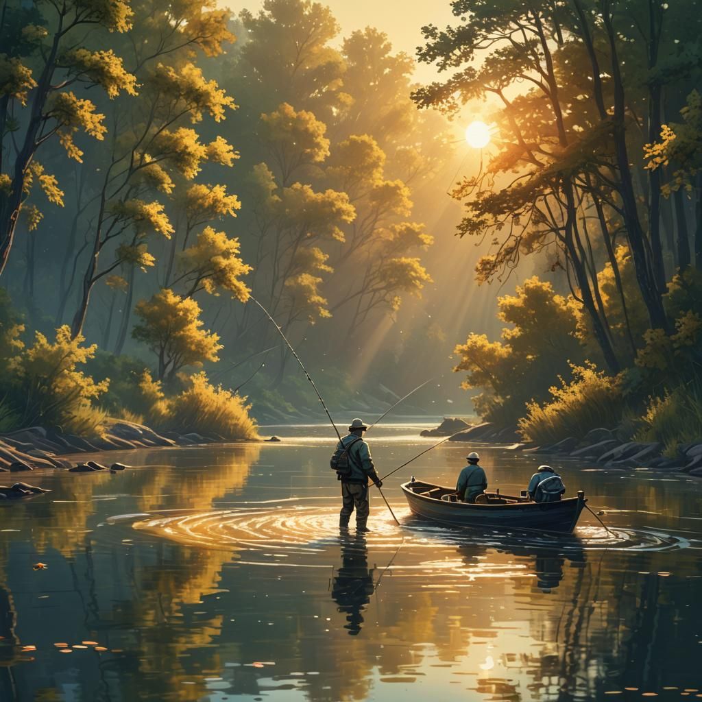 Fisherman on Serene River in Pixel Art Style