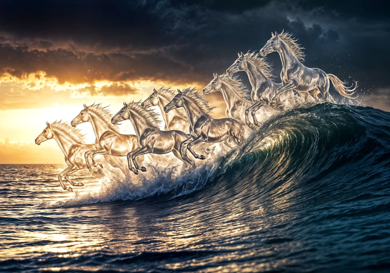Water Horses Emerge from Epic Ocean Wave at Sunset