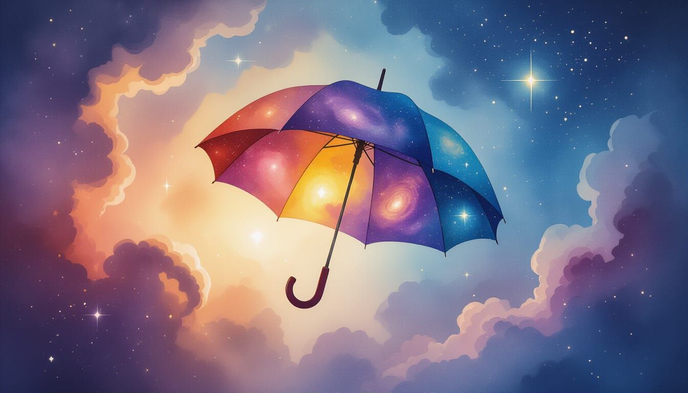 Cosmic Umbrella in Vibrant Nebula Watercolor