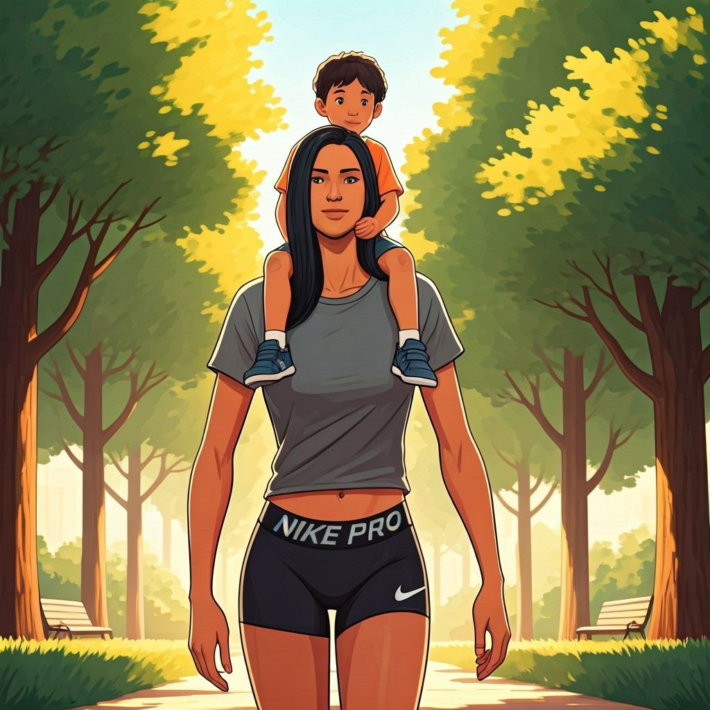 Woman Carries Boy in Sunlit Park, Illustrative Style
