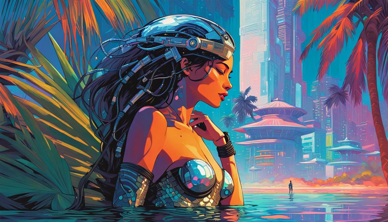 Cyborg Mermaid Resting Under Holographic Palm in Cyberpunk S...