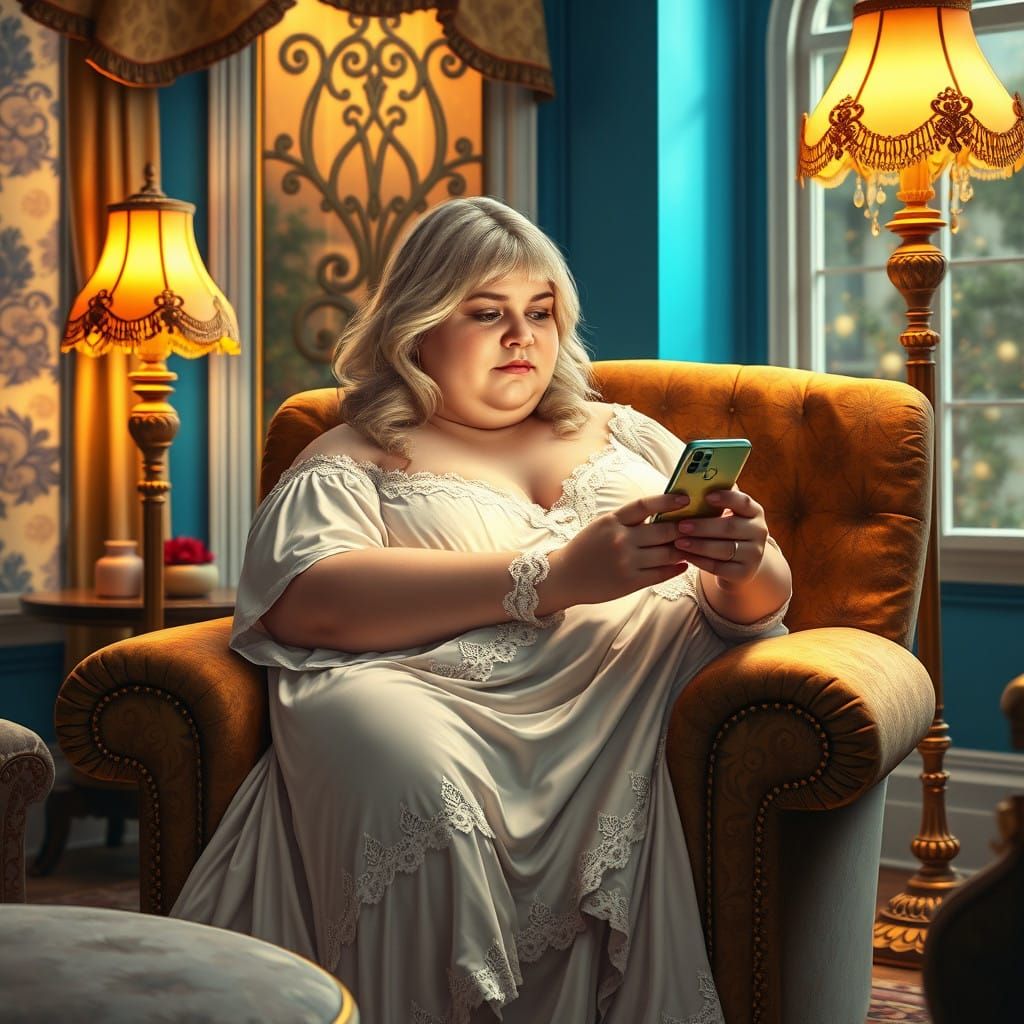Woman in Opulent Comfort, Lost in Phone Glow