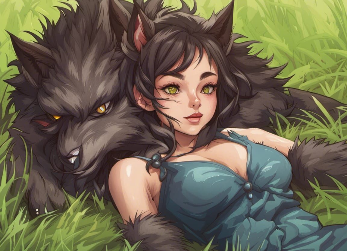 Werewolf Girl Lounging in Grass