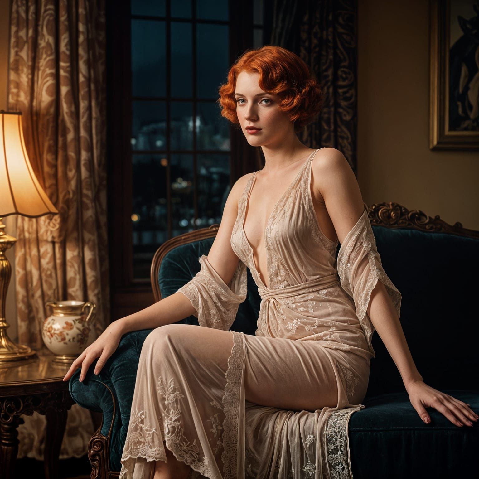 Glamorous Redheaded Beauty in Vintage Nightgown