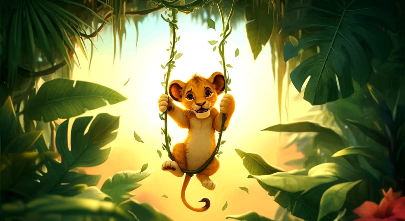 Simba Cub Swinging in Jungle Paradise: 3D Digital Art