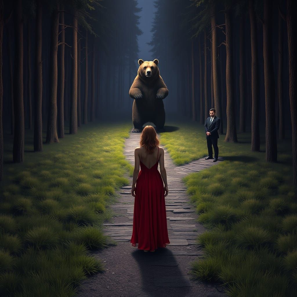 Dark Fantasy Goddess Meets Fierce Grizzly Bear in the Woods