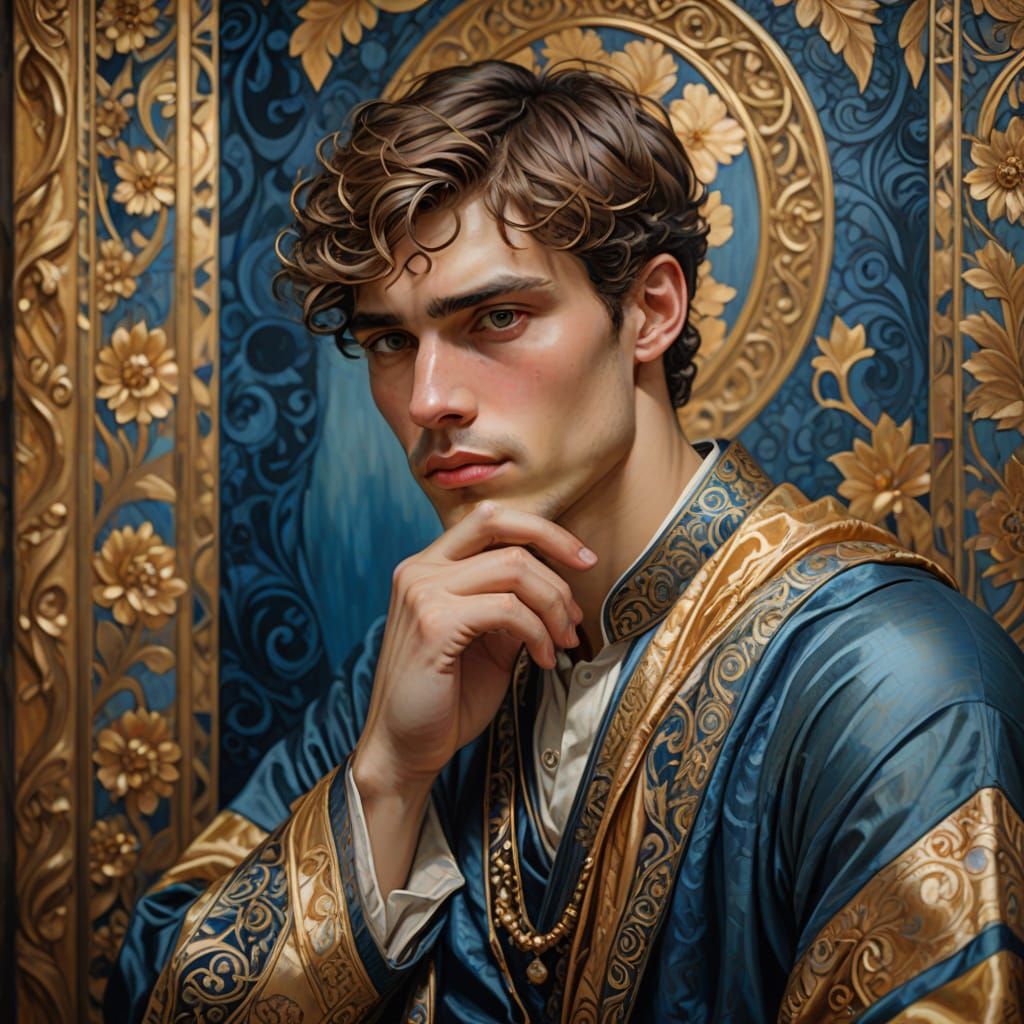 Contemplative Man in Art Nouveau Style Oil Painting