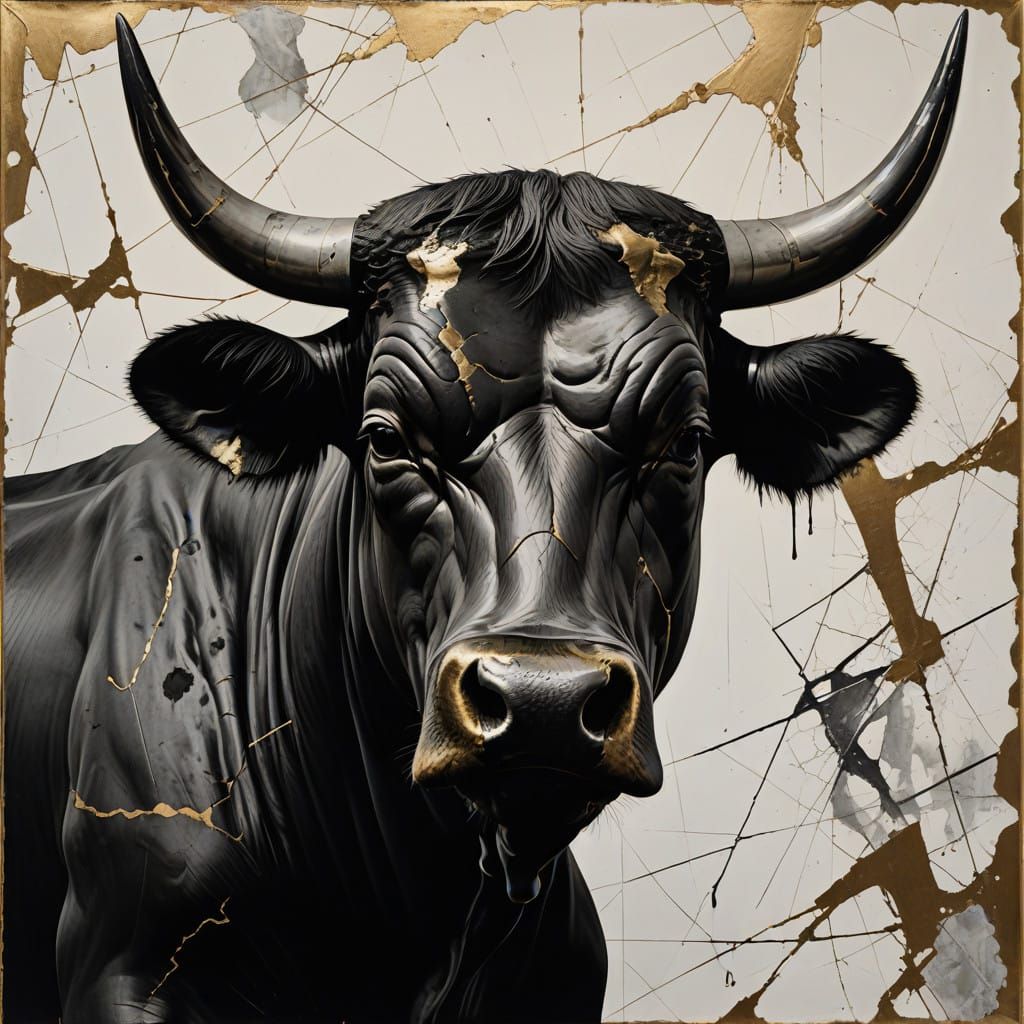 Aggressive Bull Portrait in Double Exposure Fine Art Style