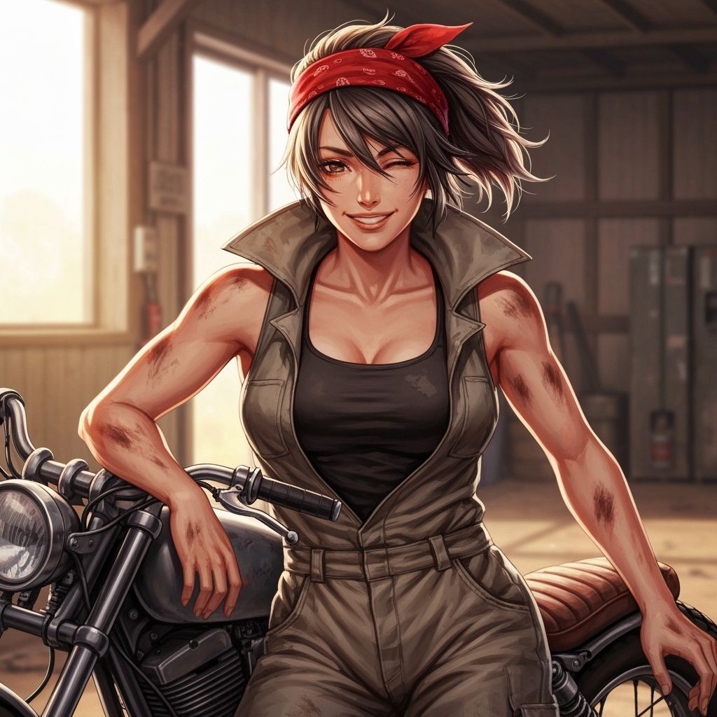 Confident Biker in Garage: Detailed Anime Illustration