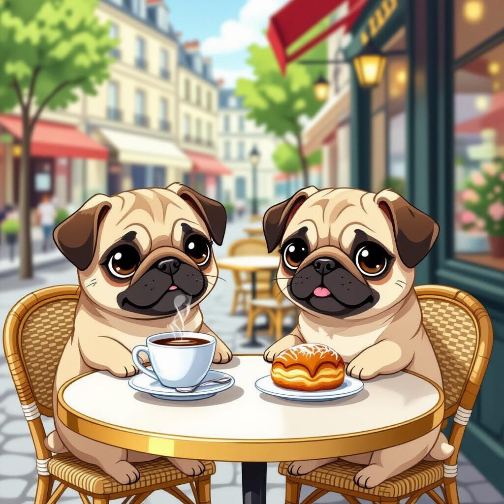 Chibi Pugs in Paris Cafe Cartoon