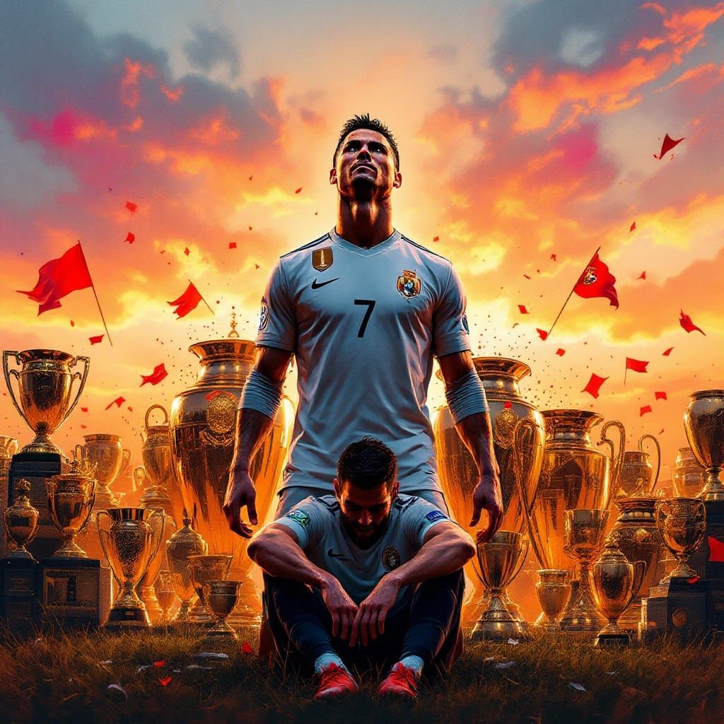 Ronaldo's Trophies with Messi in Gritty Splash Art