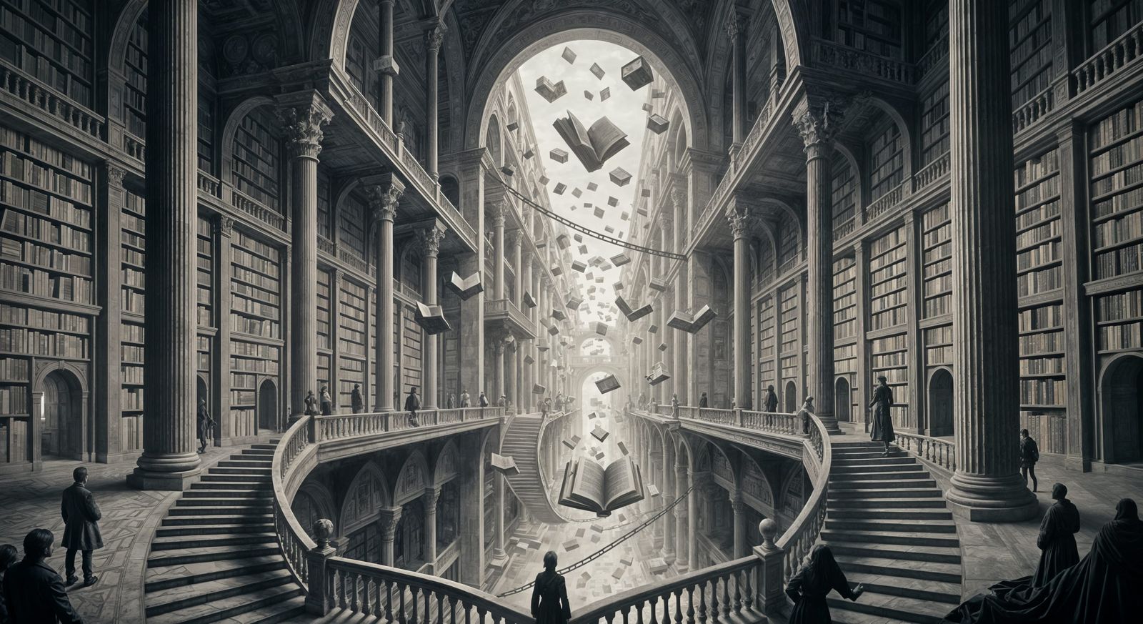 Infinite Library Surreal Art in Engraving Style