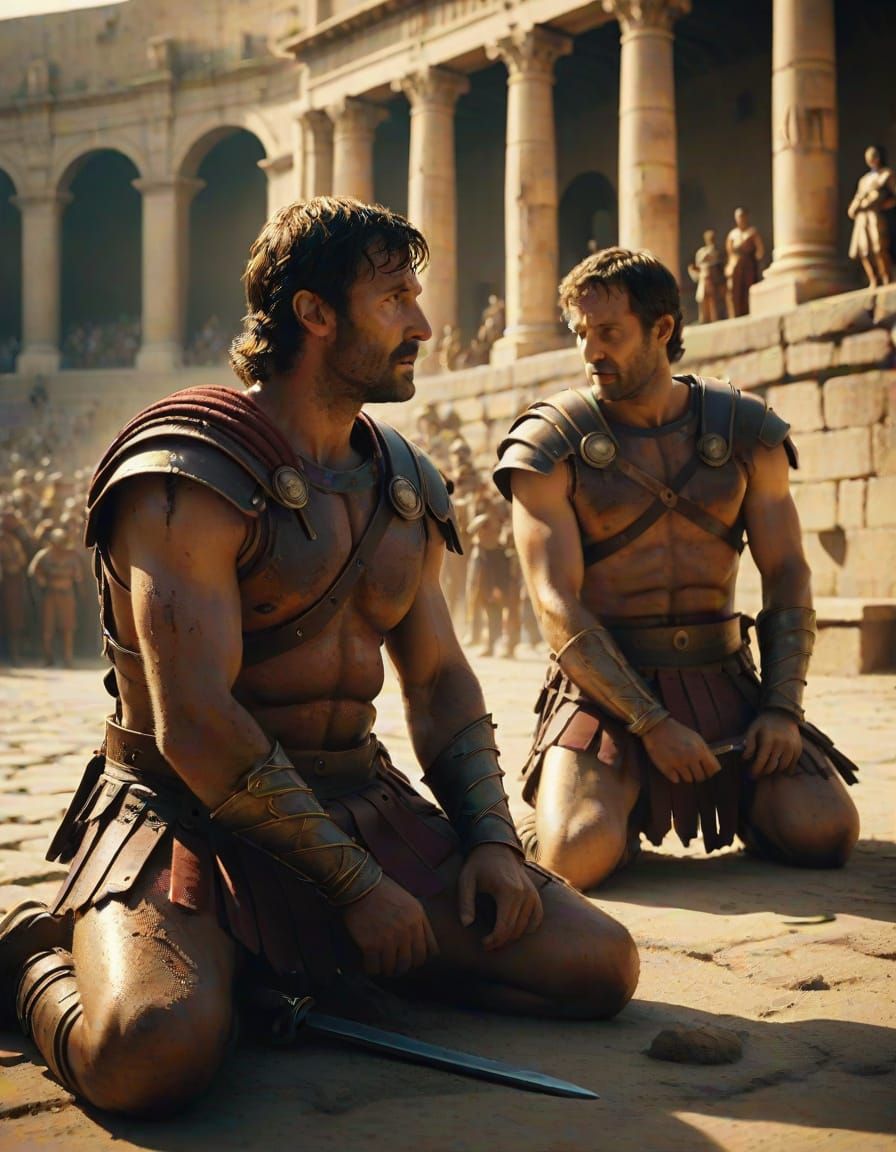 Tired Roman Gladiators Gaze Out at the Crowd in Cinematic Fi...