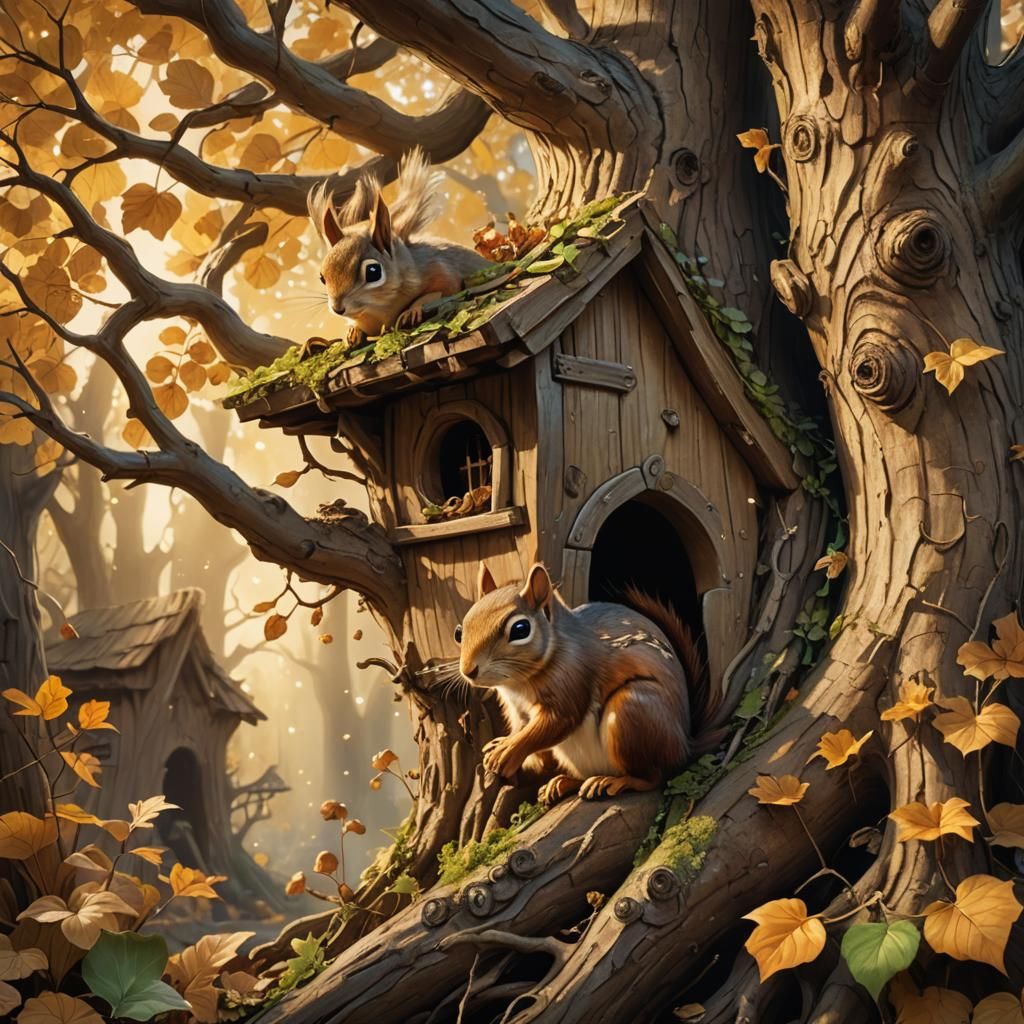 Squirrel's Wooden Ecosystem: Fantasy Art