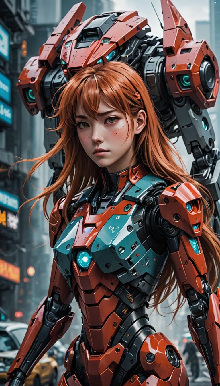 Asuka Langley Cyberpunk Robot Design in Manga Style