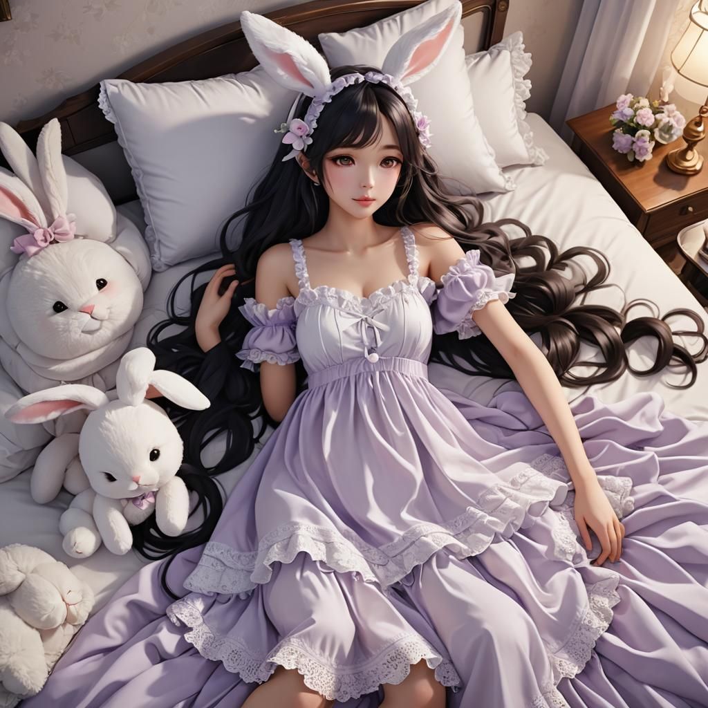 Cute Korean Woman in Princess Nightgown: Anime Art
