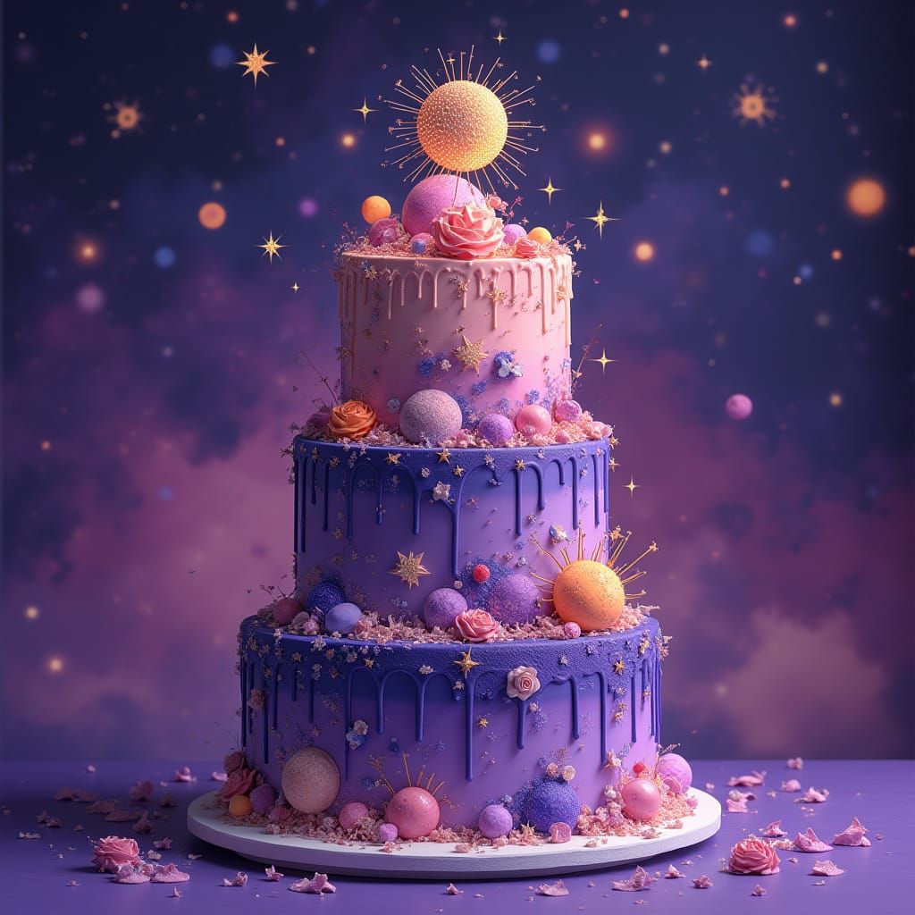 Cosmic Birthday Cake with Suns, Moons, and Stars