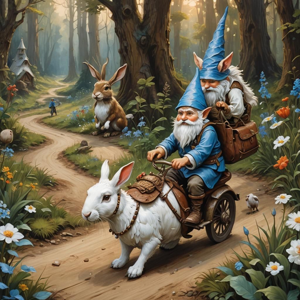 Gnome Child Riding Hare as Oil Painting