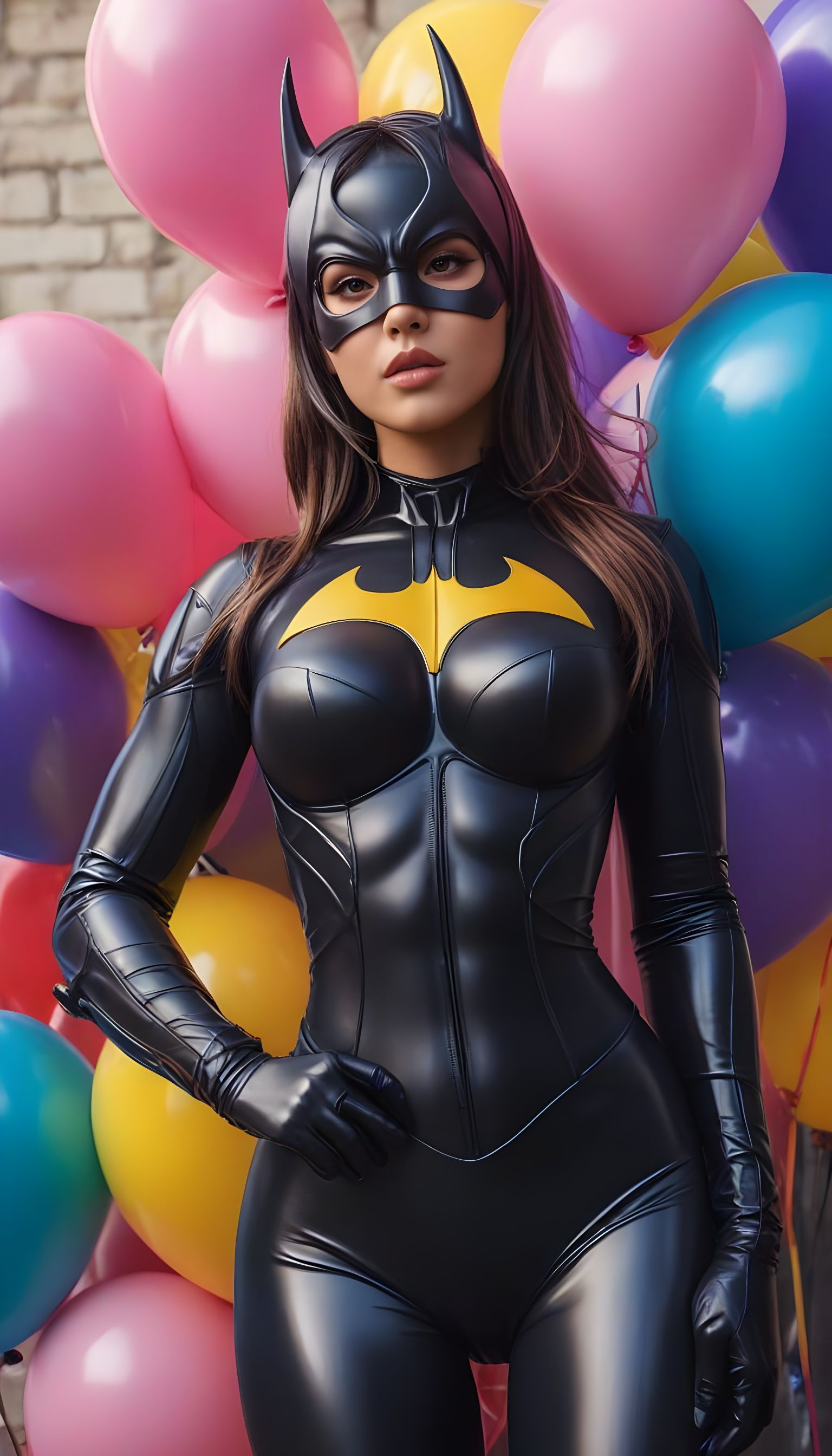 Korean Batgirl in Latex Suit Surrounded by Balloons