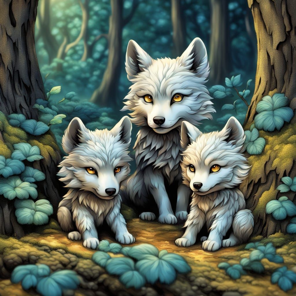 Chibi Wolf Cubs in Forest: Surrealist Art