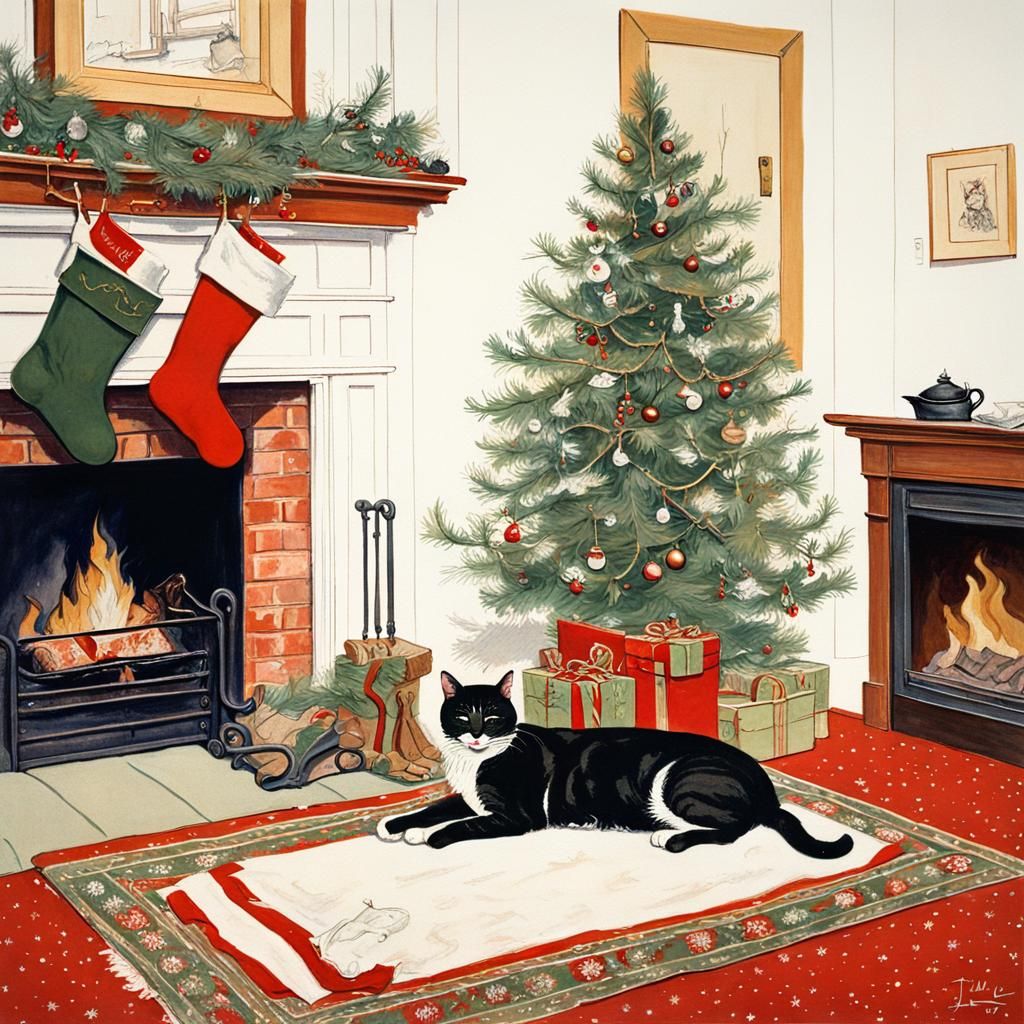Vintage Christmas Fireplace Scene in Americana Style