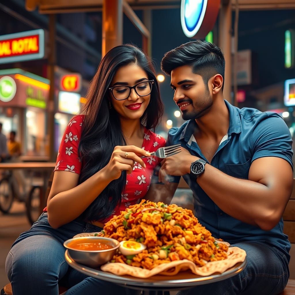 Stylish Sri Lankan Couple Savoring XL Kottu Roti at Nighttim...
