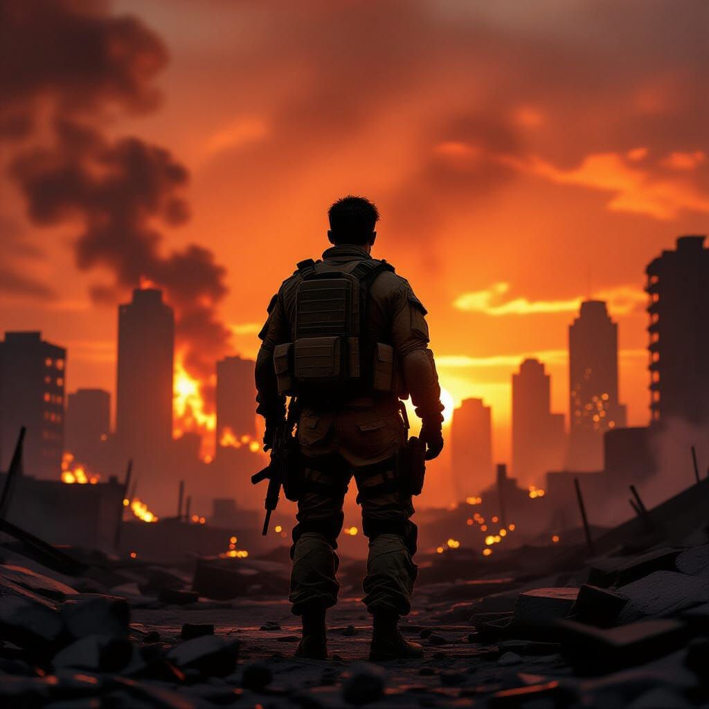 Fiery Cityscape: Silhouette of a Lone Soldier