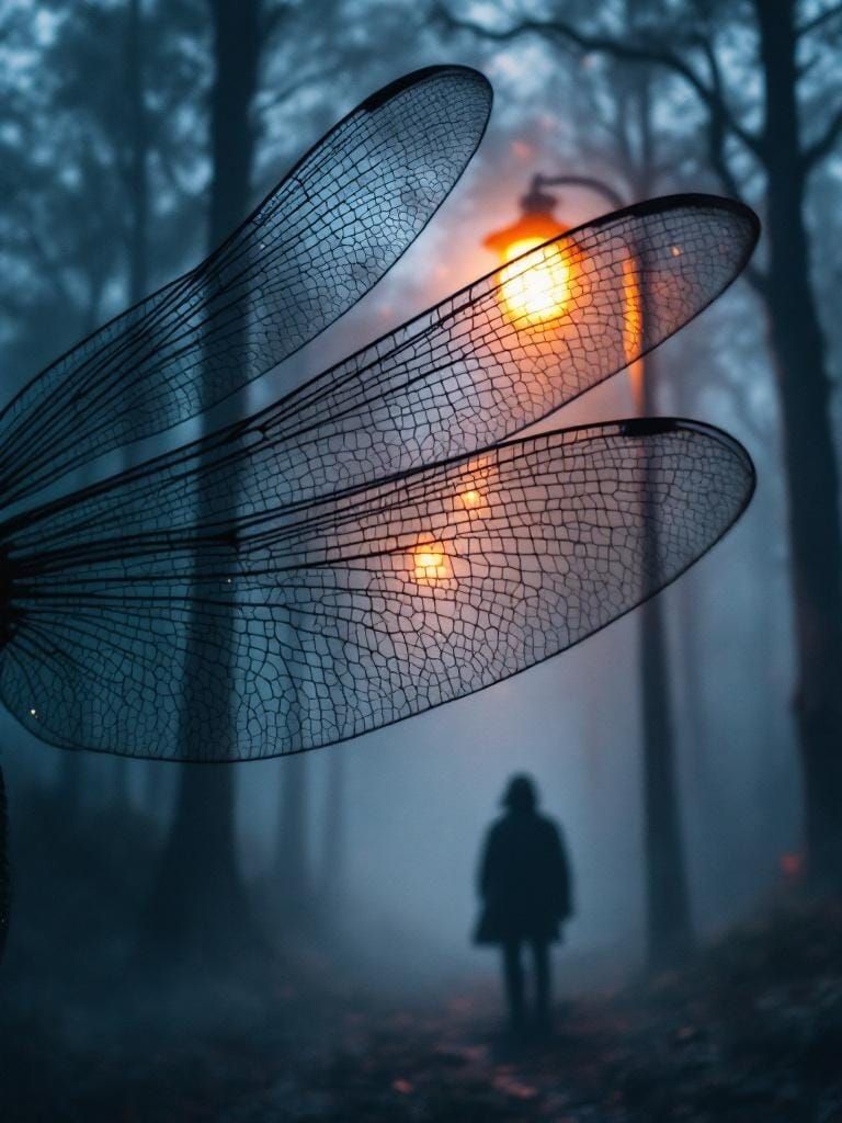 Macro Dragonfly Wings in Eerie Misty Forest