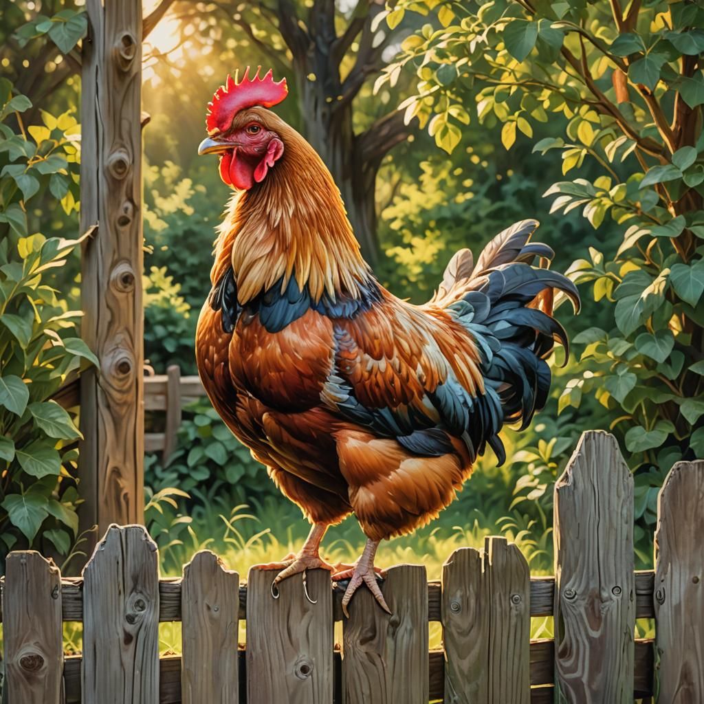 Chicken Portrait on Rustic Fence in Oil Painting Style