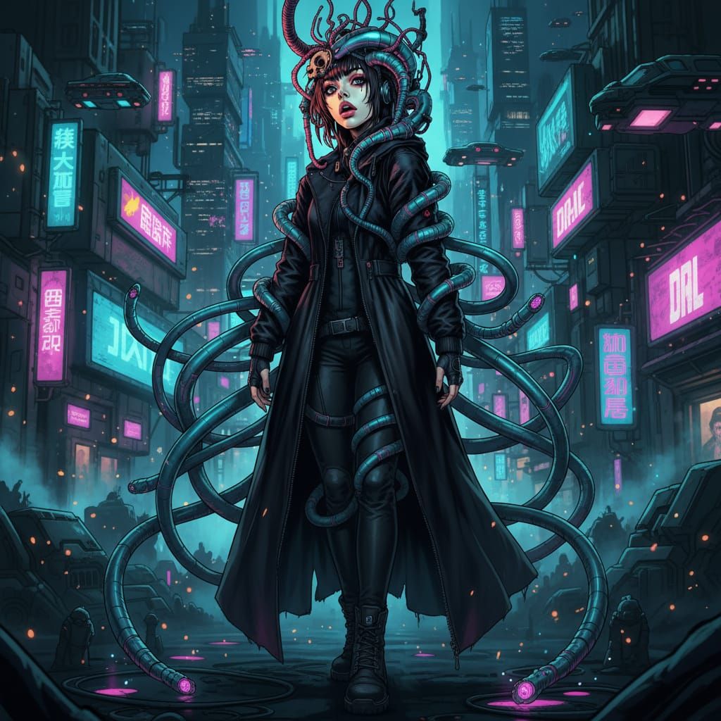 Cyberpunk Girl with Biomechanical Tendrils in Leather Coat