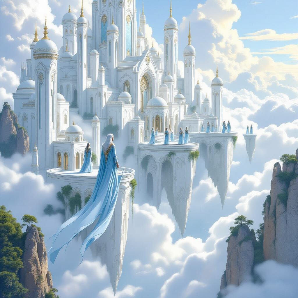 Ethereal Elven City Floating in Clouds, Art Nouveau Style