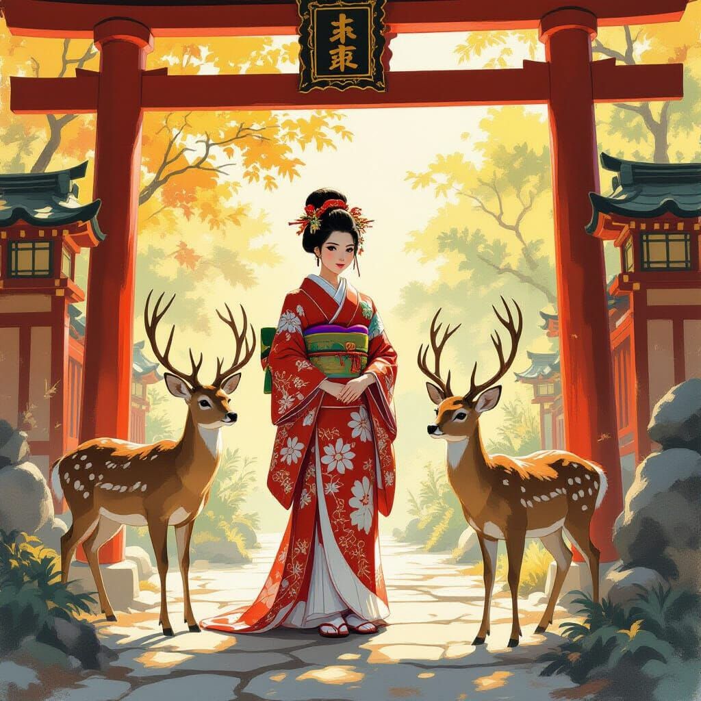 Geikos and Deer at Okazaki Shrine: Impressionist Oil Paintin...